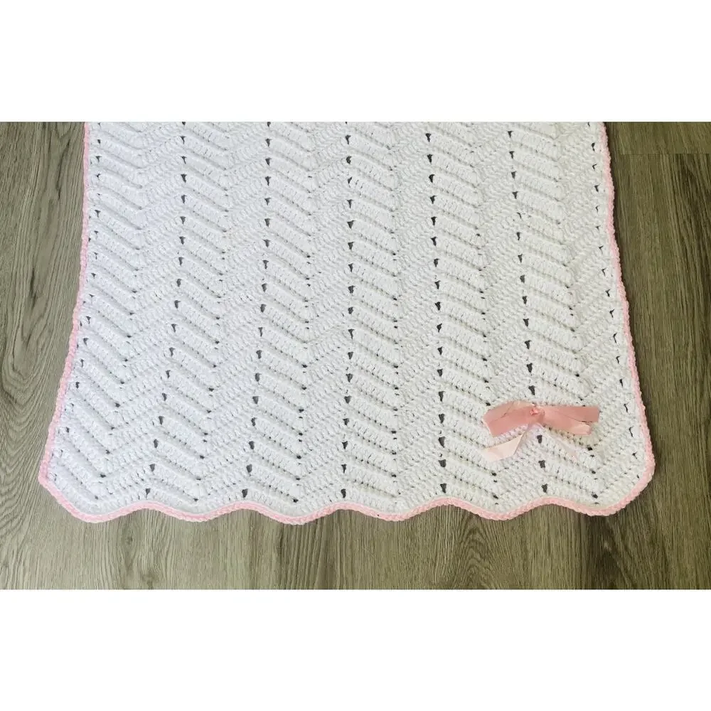 Vintage Crotchet Baby Crib Blanket Handmade White & Pastel Pink Satin Ribbon Bow